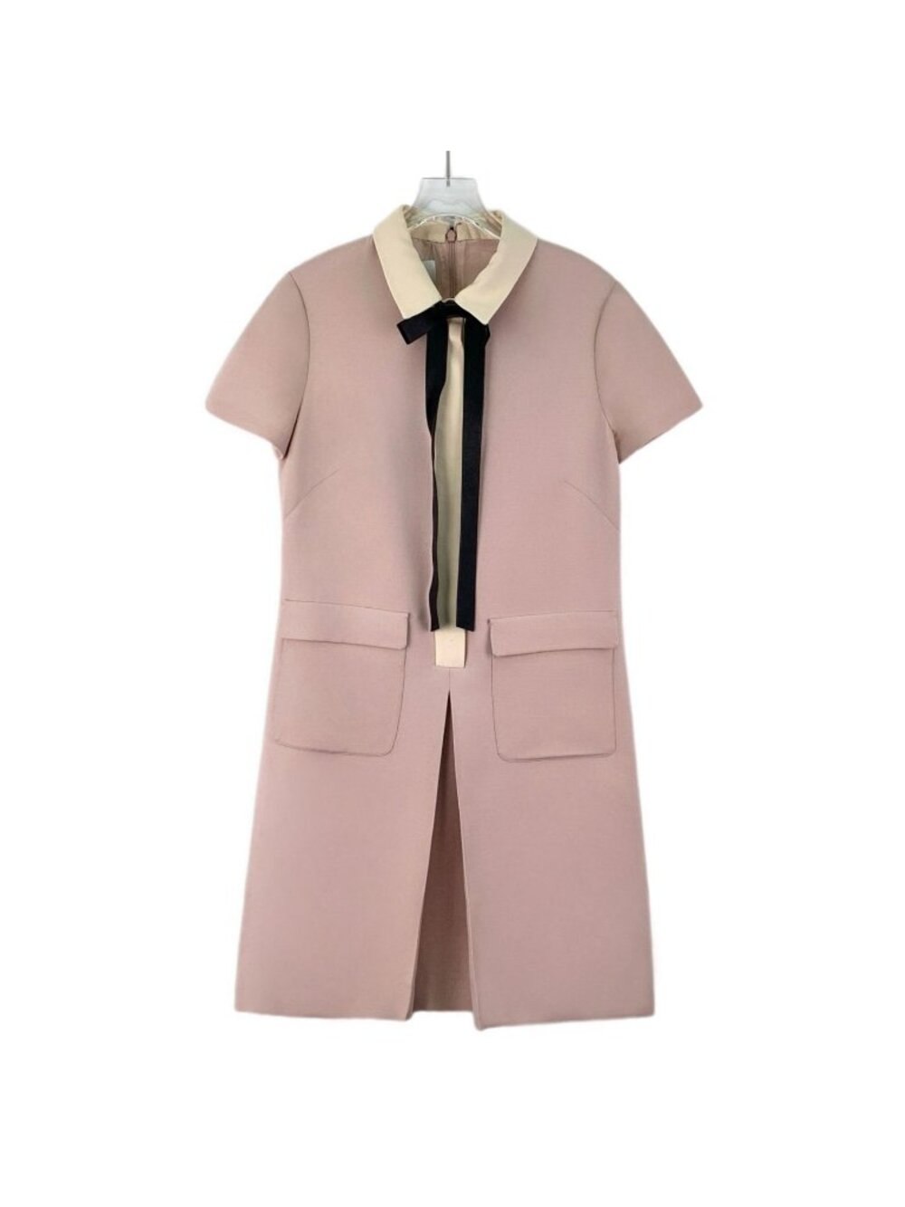 Valentino Pink Wool Collared Bow-Tie Short Sleeve Dress